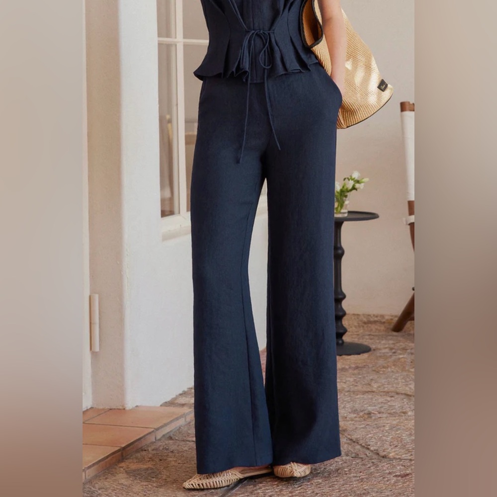 OGL Size 2XL European Linen Blend Mid Rise Flare Wide Leg Pants Denim Navy New